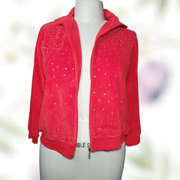 Anthony Richards, Velour Rinestone Zippered Jacket Size Med Petite Cherry Red - Picture 6 of 12